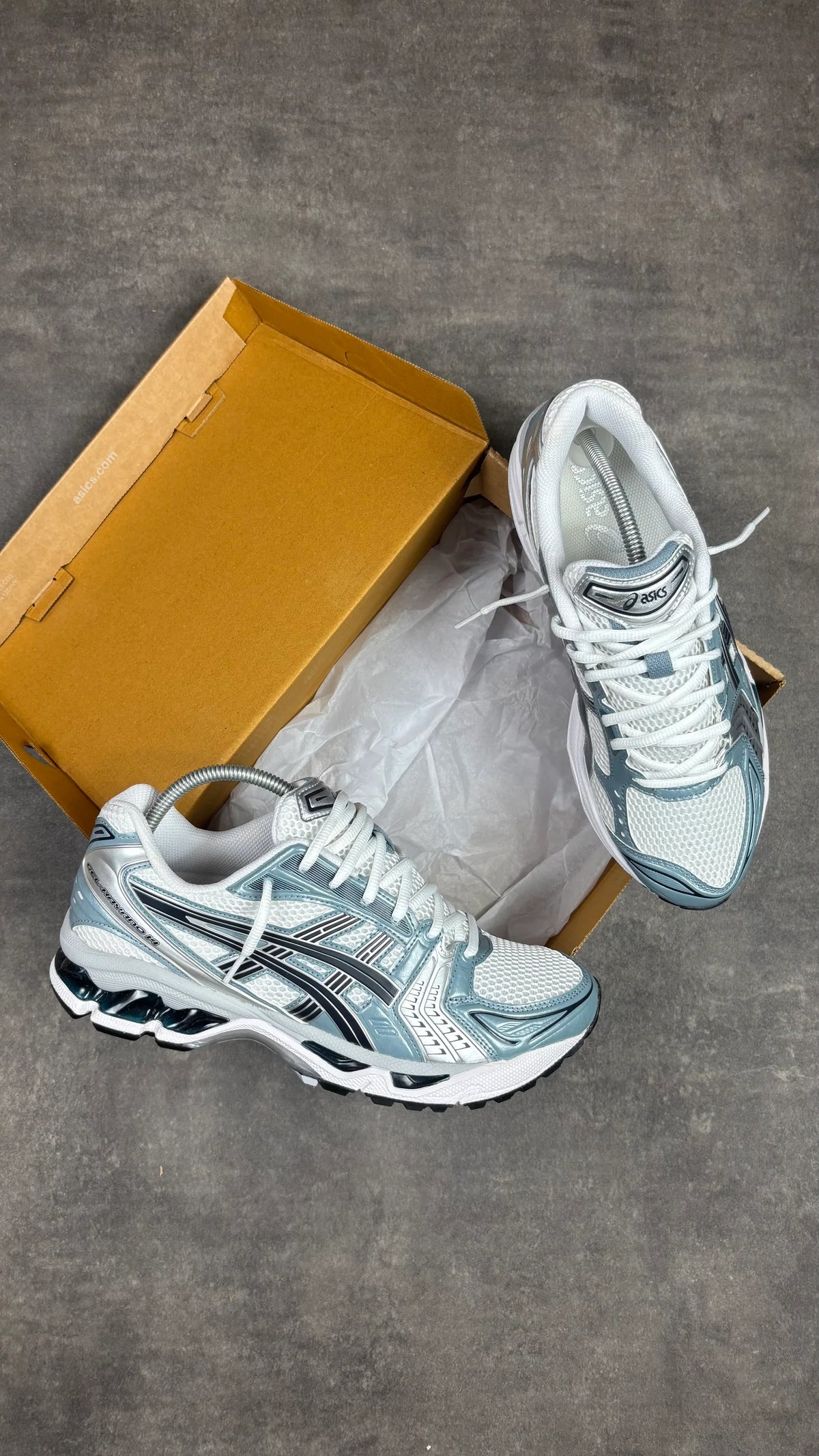 ASICS Gel-Kayano 14 White Fjord Grey pair with shoebox